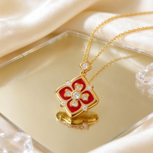 Scarlet Bloom · Red Enamel Four-Petal Diamond Pendant Necklace - view 4