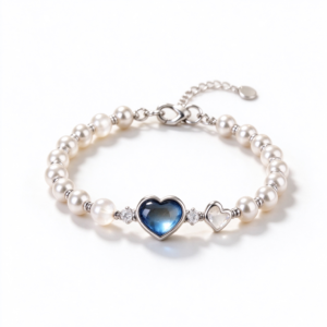 Silver Pearl Blue Heart Bracelet