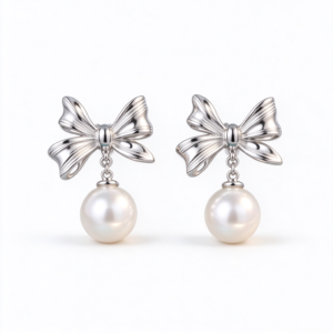 Silver Bow Pearl Drop Earrings