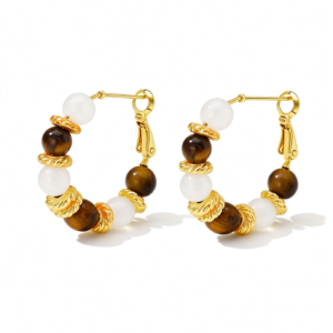 Tiger's Eye & White Beaded Hoop Earrings