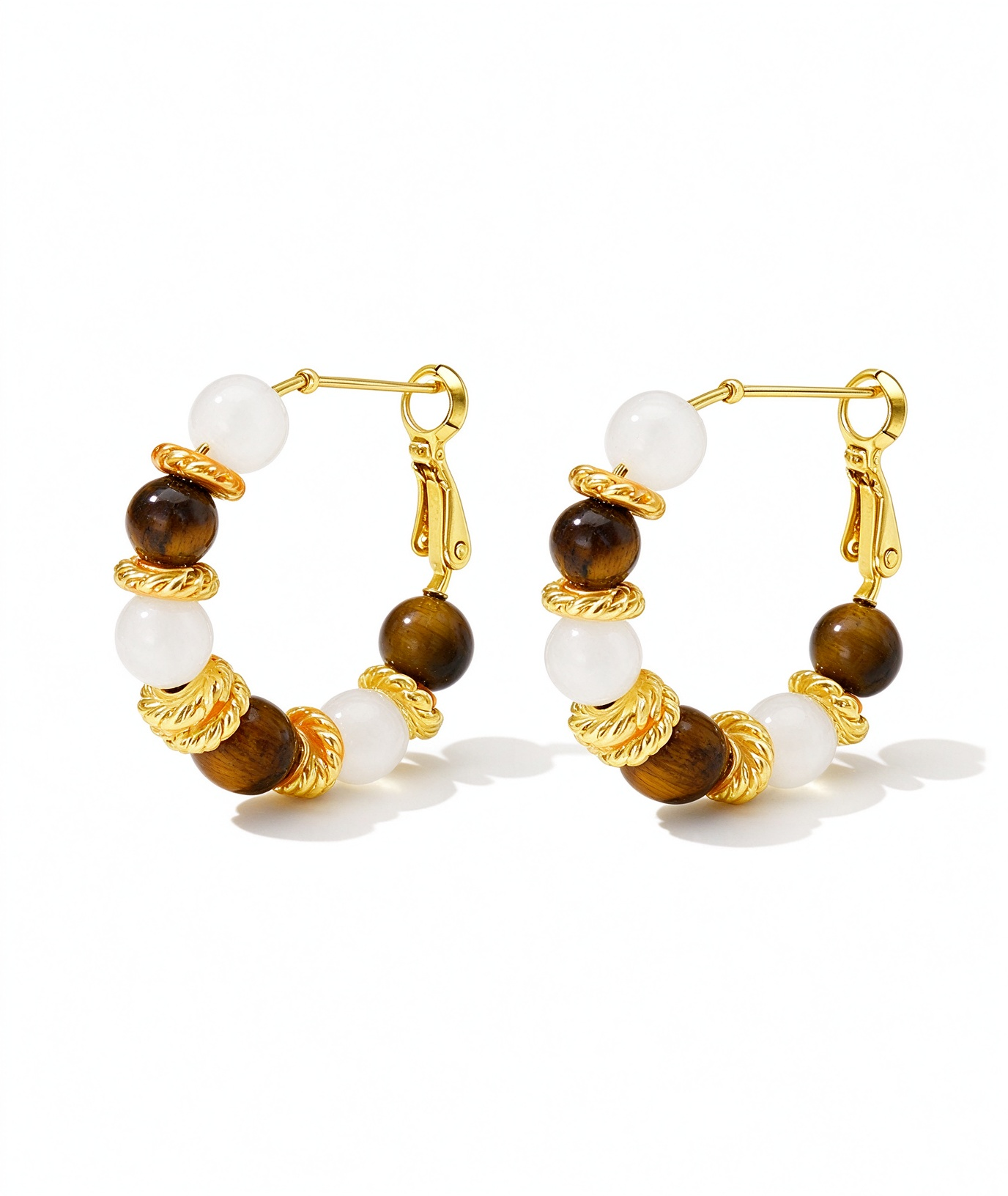 Tiger's Eye & White Beaded Hoop Earrings