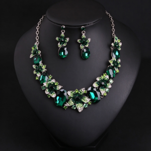Emerald Green Floral Crystal Statement Jewelry Set