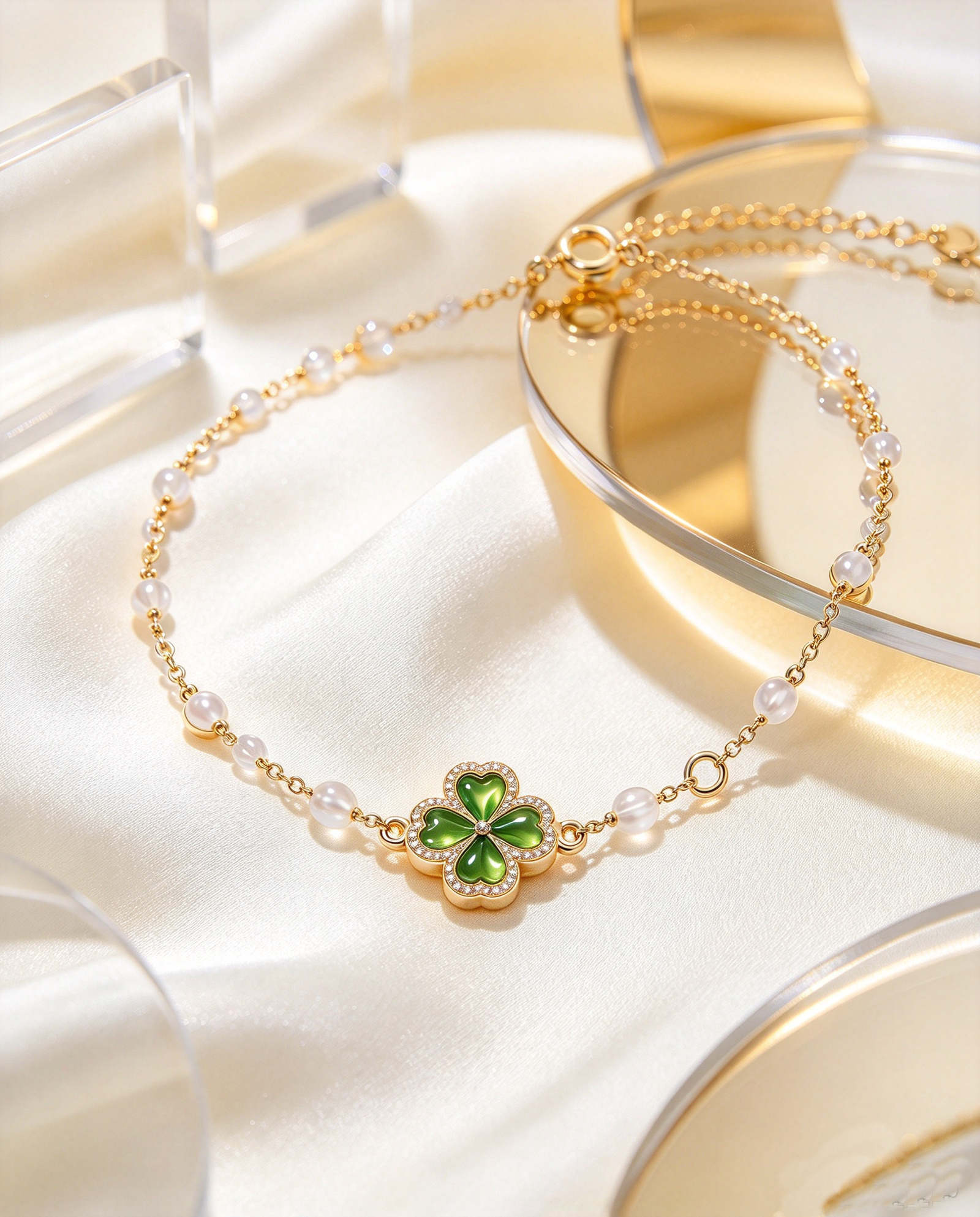 Clover Gleam · Gradient Enamel Four-Leaf Clover Pearl Bracelet - view 3