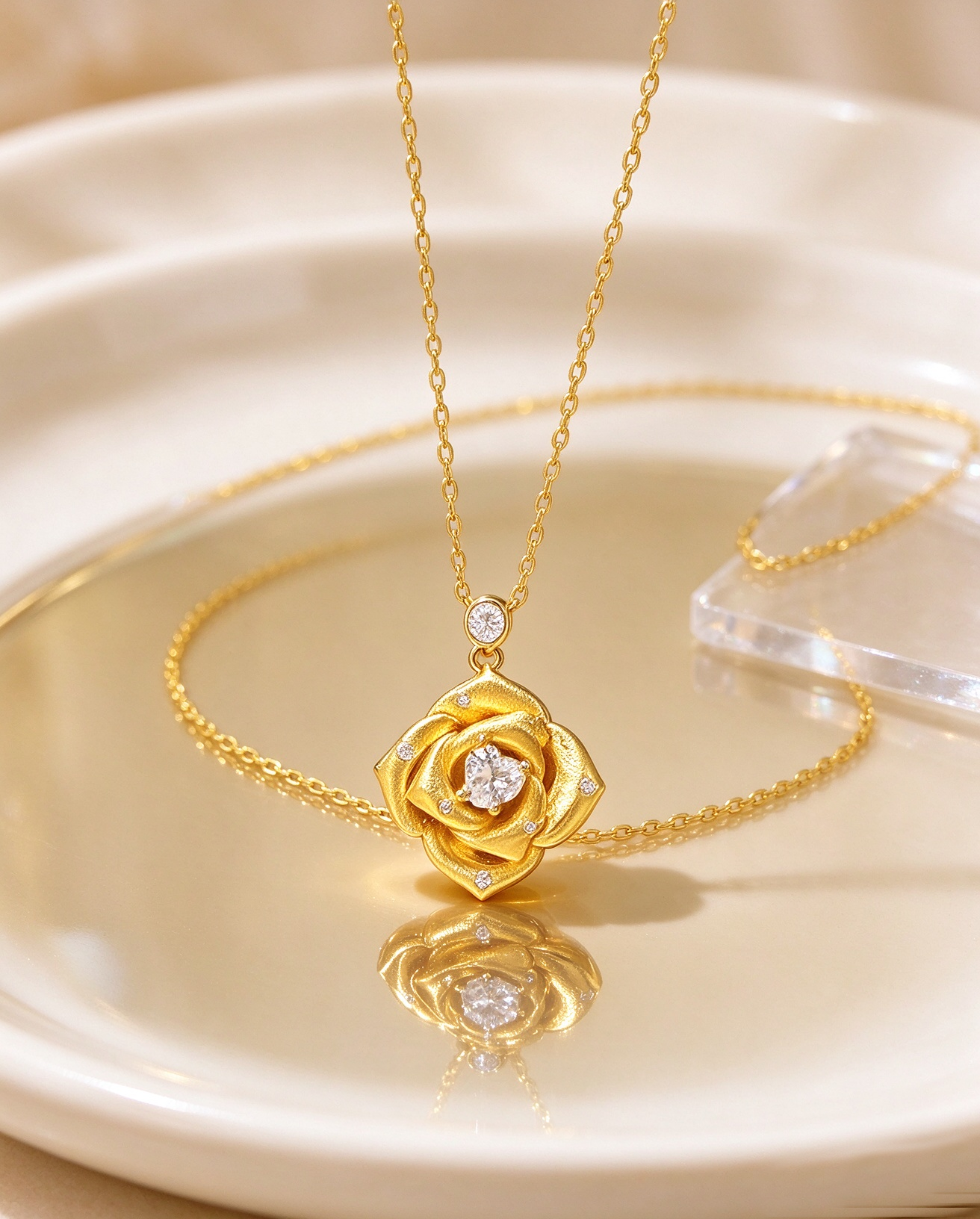 Gilded Rose Heart · Brushed Gold Rose Heart-Cut Zircon Necklace - view 3