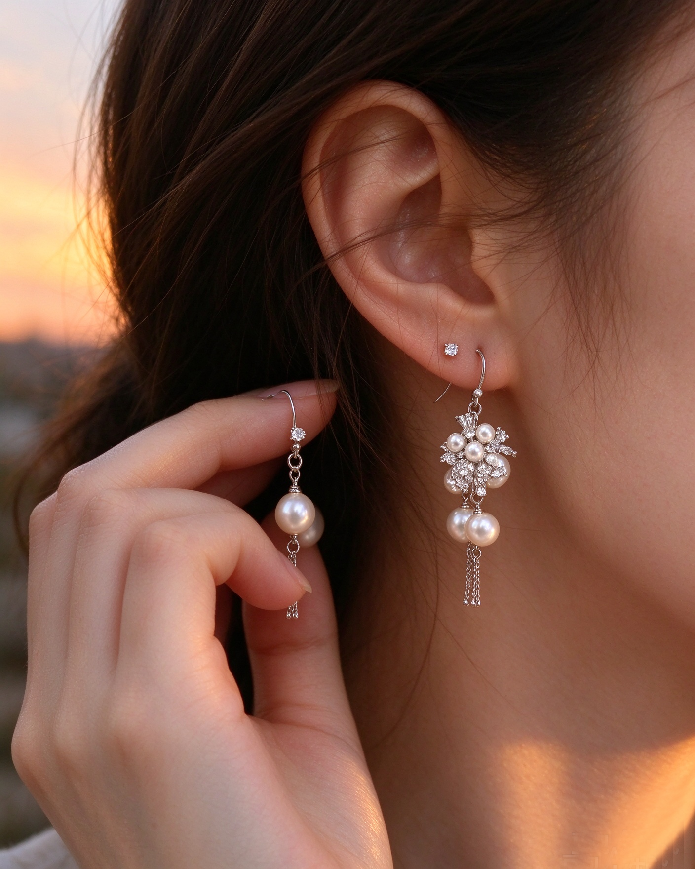Pearl Silver Flower Drop Earrings - 图片 4