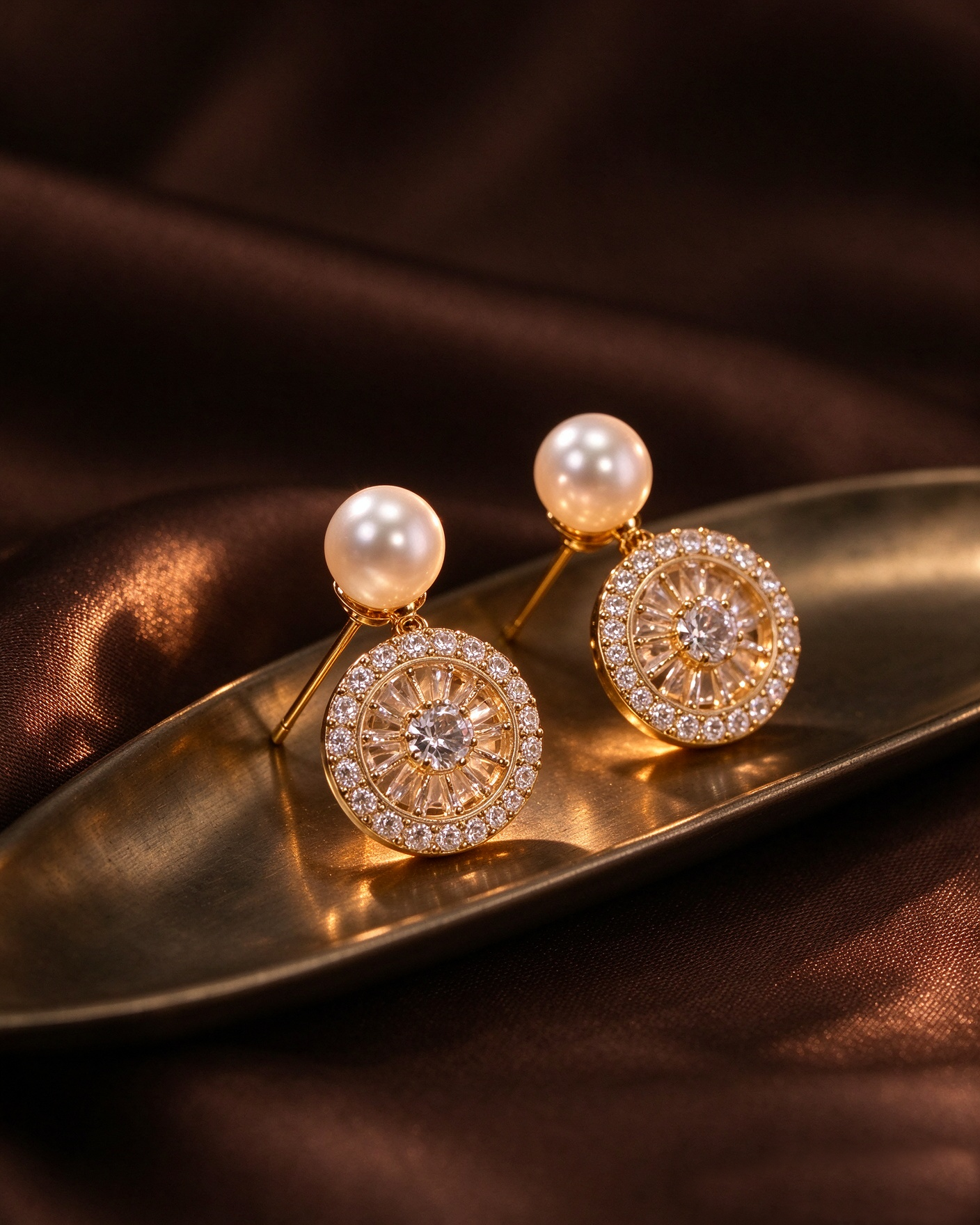 Gold Pearl Diamond Disk Earrings - 图片 2