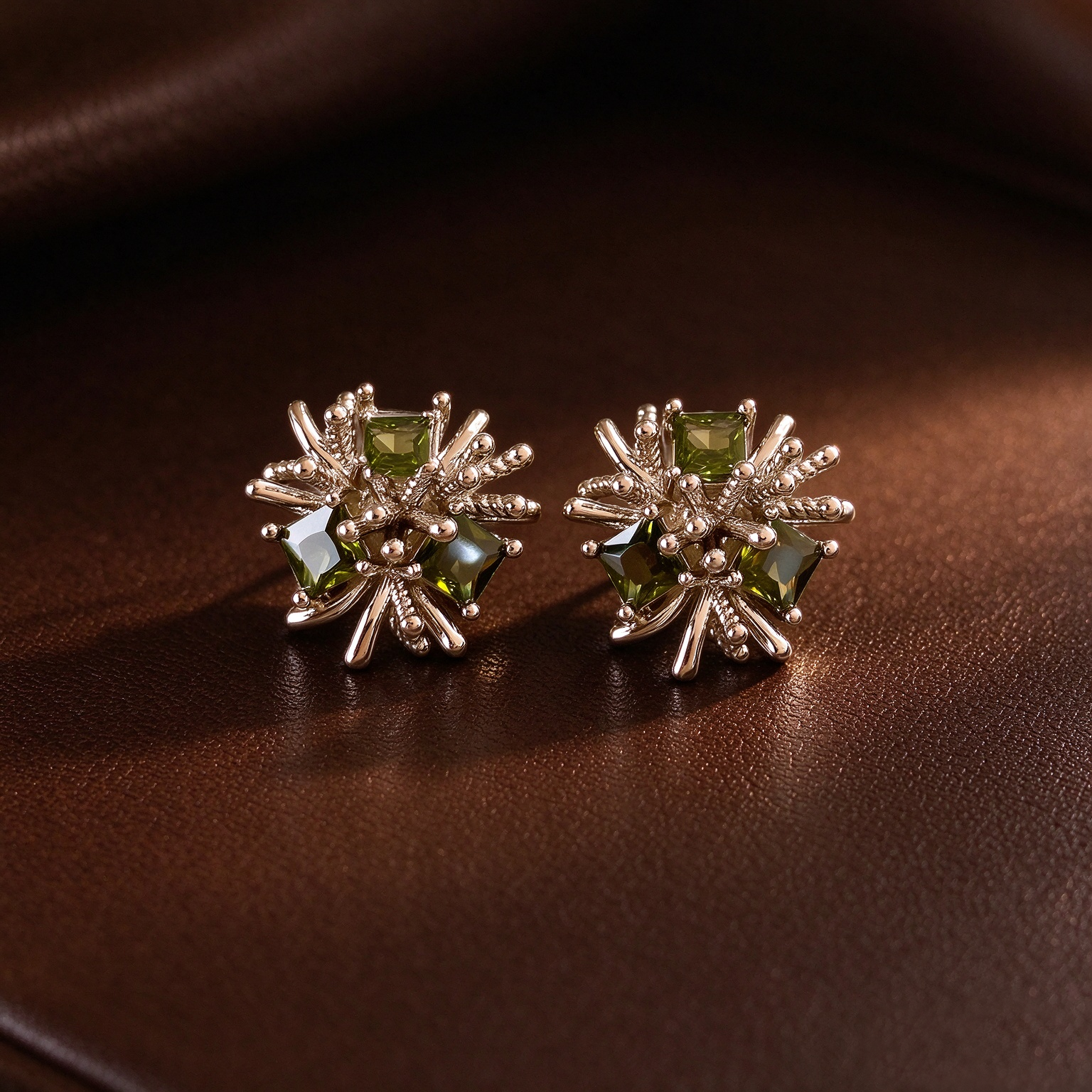 Green Crystal Floral Stud Earrings - Image 2