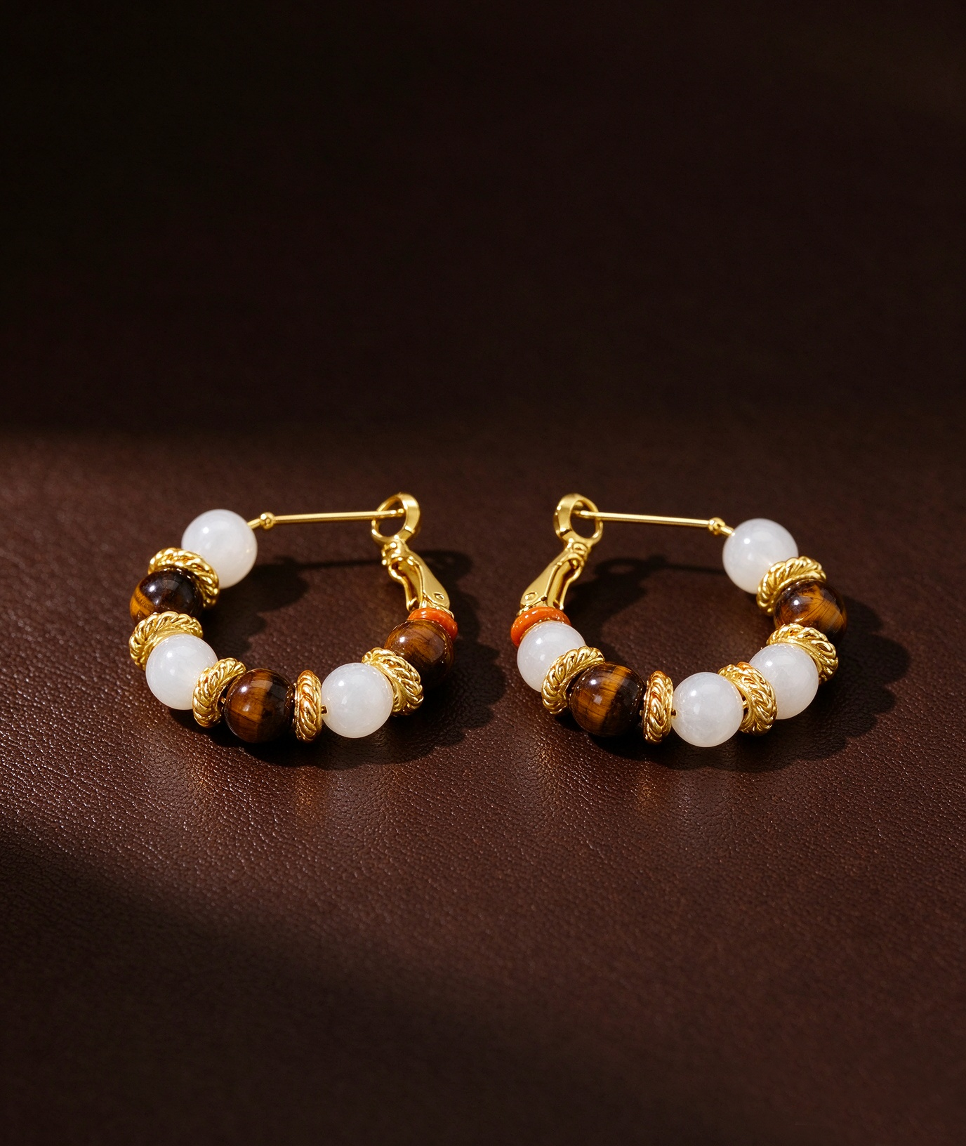 Tiger's Eye & White Beaded Hoop Earrings - Image 2