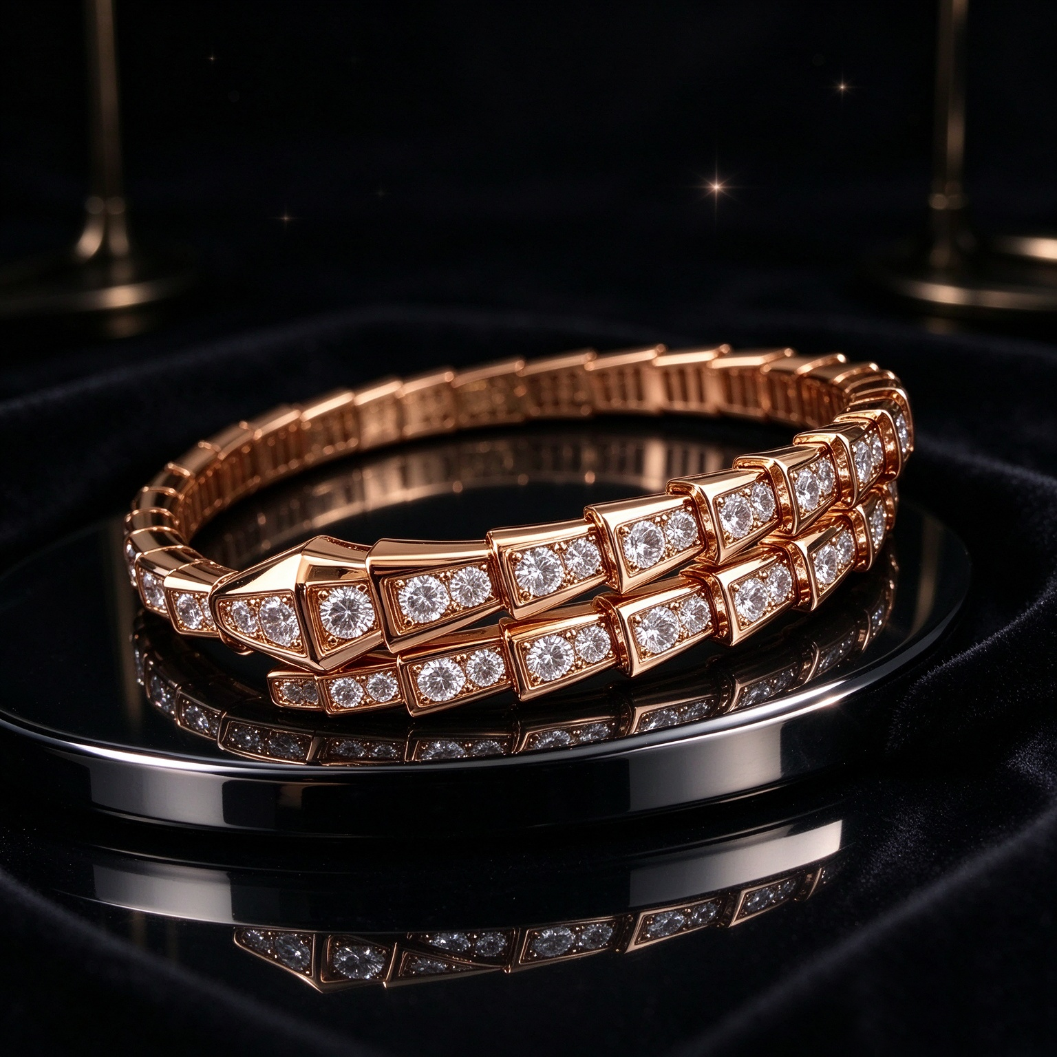Rose Gold Dual-Row Serpent Pavé Bracelet - 图片 2