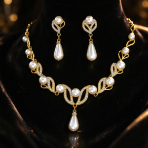 Gold Pearl & Crystal Teardrop Jewelry Set