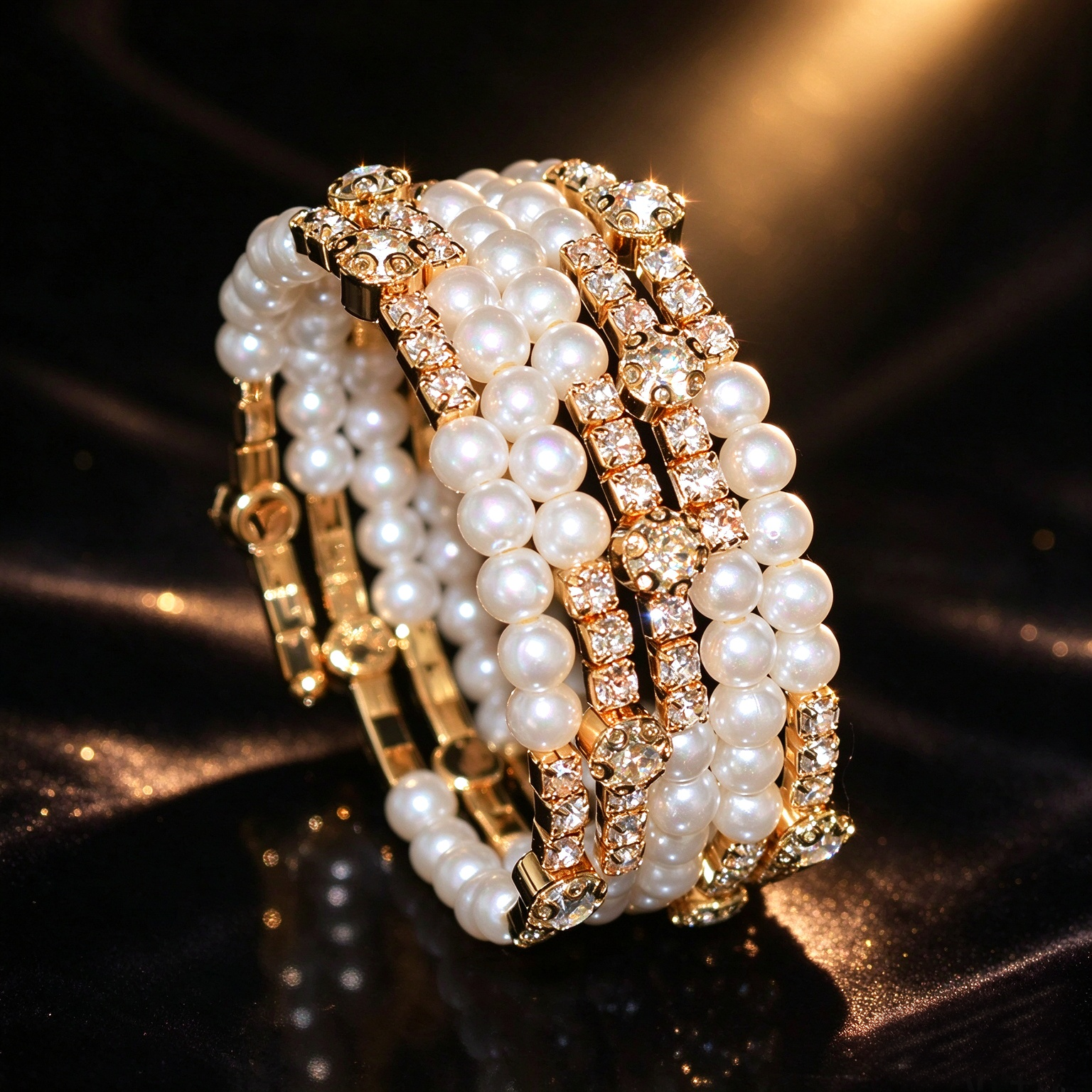 Multilayer Pearl & Rhinestone Statement Cuff Bracelet - 图片 2