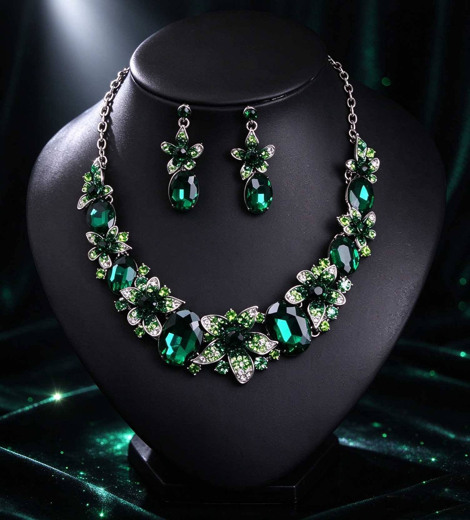 Emerald Green Floral Crystal Statement Jewelry Set - 图片 2