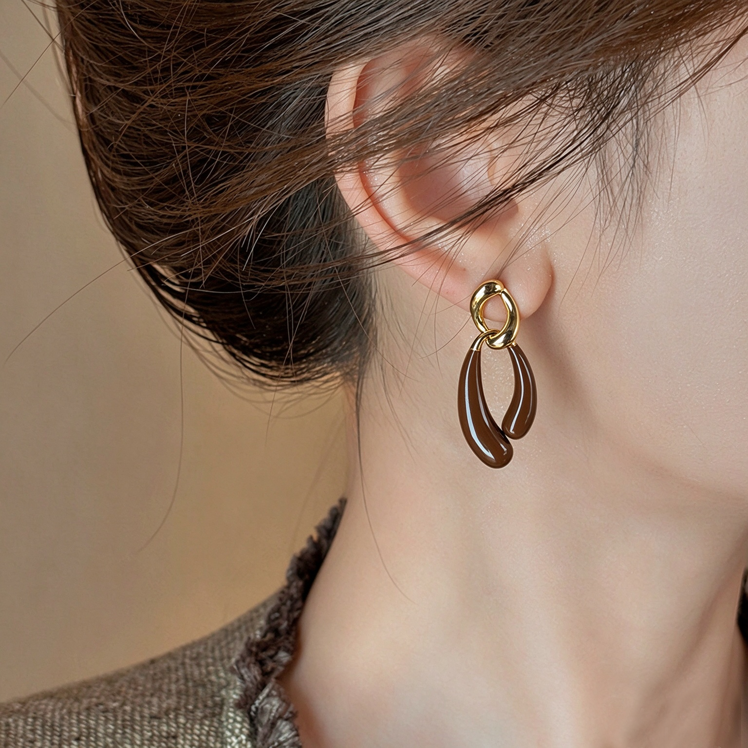 Brown Enamel Drop Earrings - 图片 3