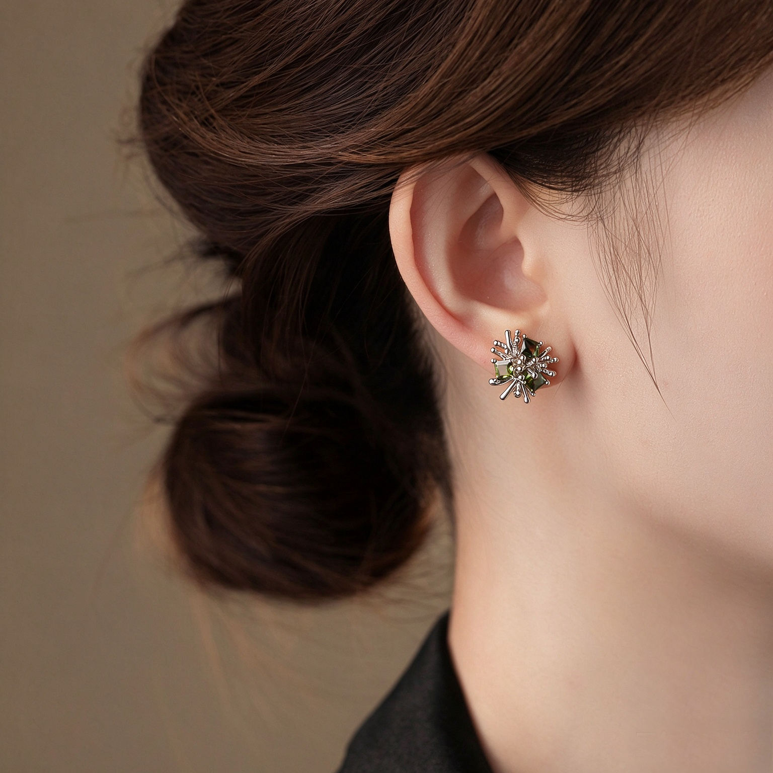 Green Crystal Floral Stud Earrings - Image 3