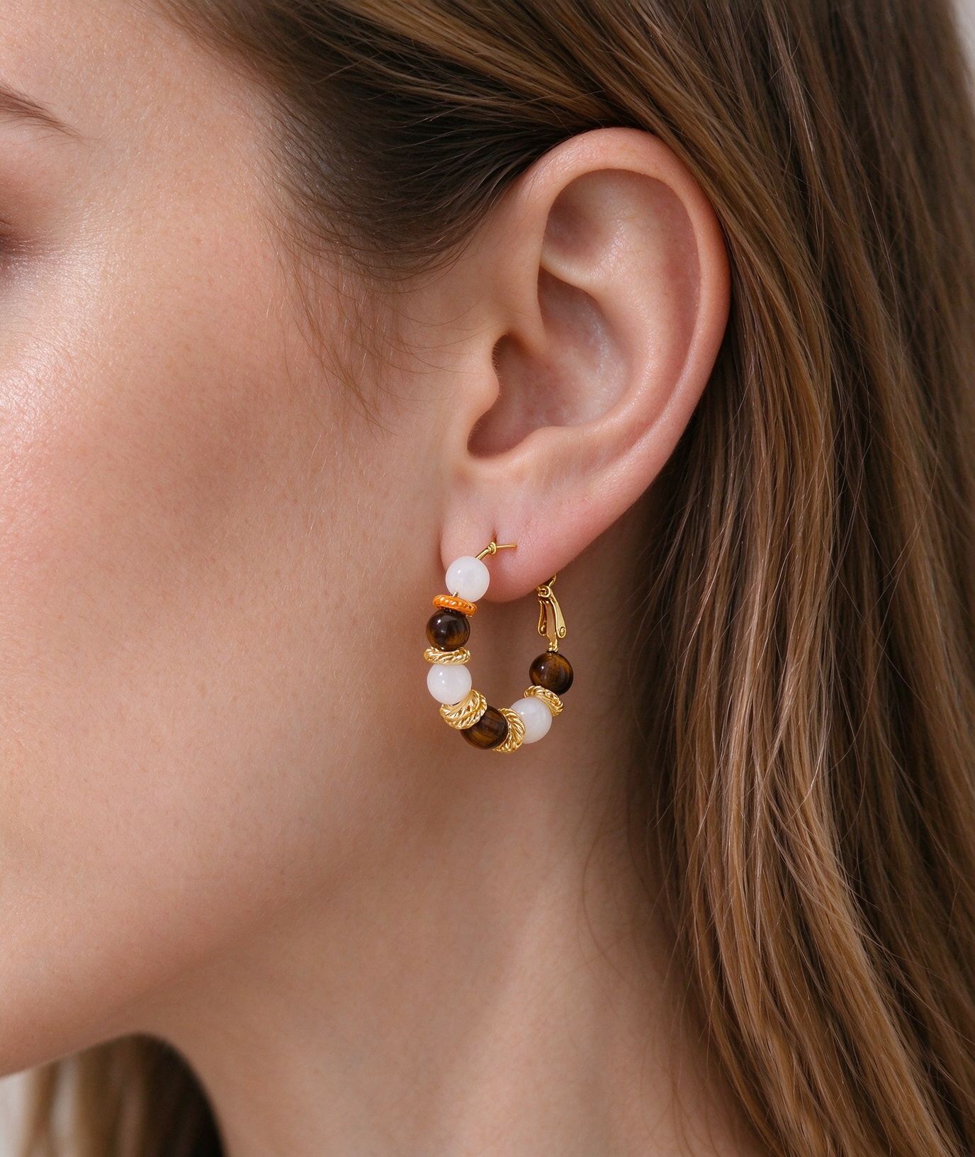Tiger's Eye & White Beaded Hoop Earrings - Image 3