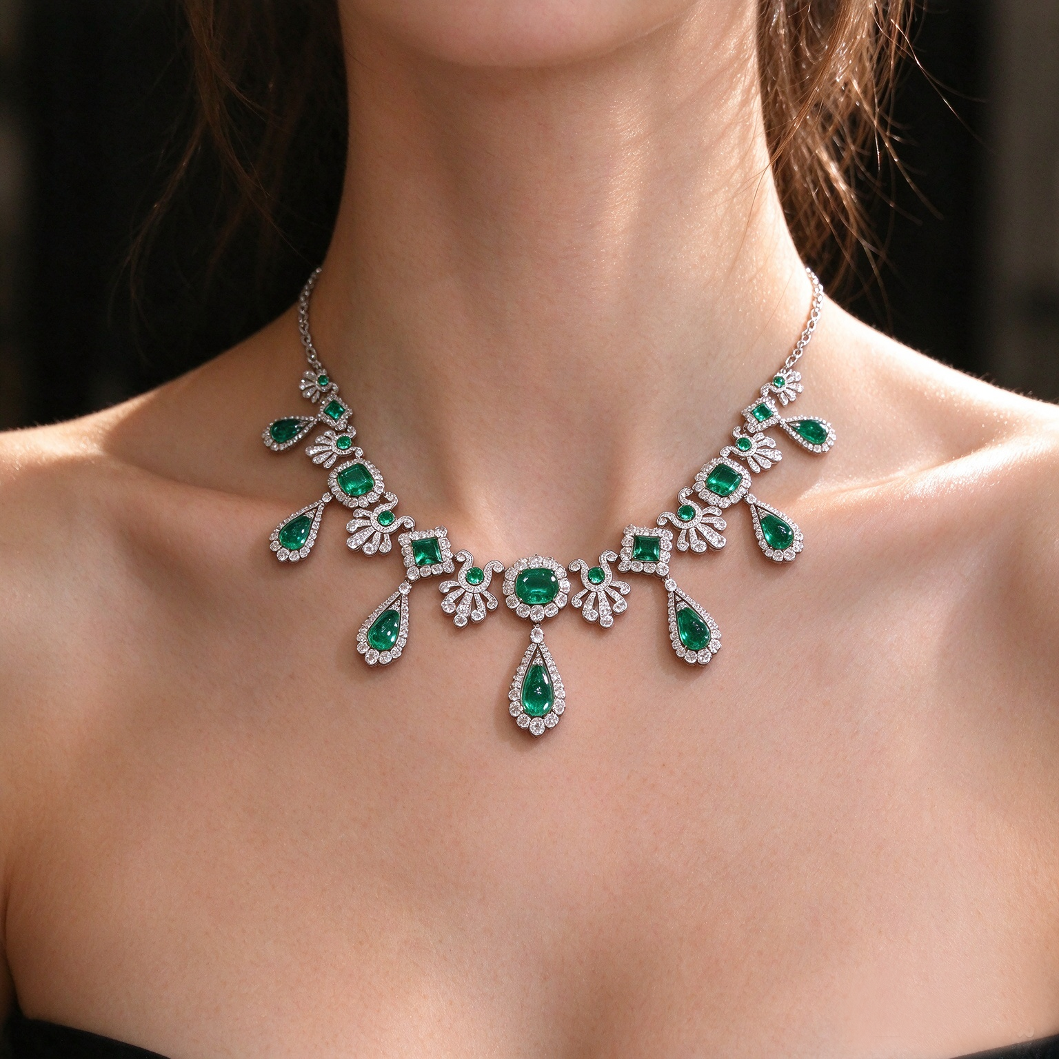 Emerald & Diamond Halo Bib Statement Necklace - 图片 3