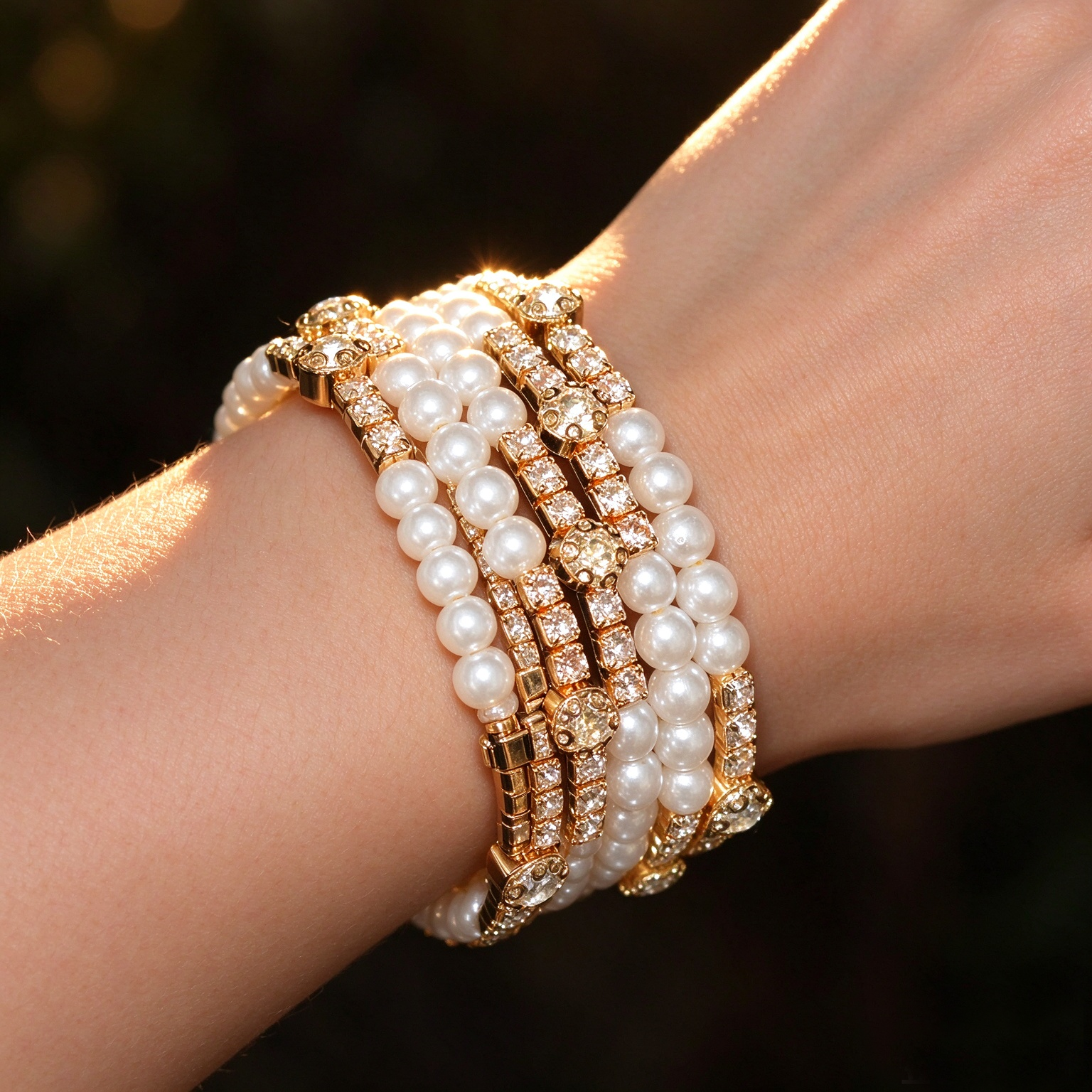 Multilayer Pearl & Rhinestone Statement Cuff Bracelet - 图片 3