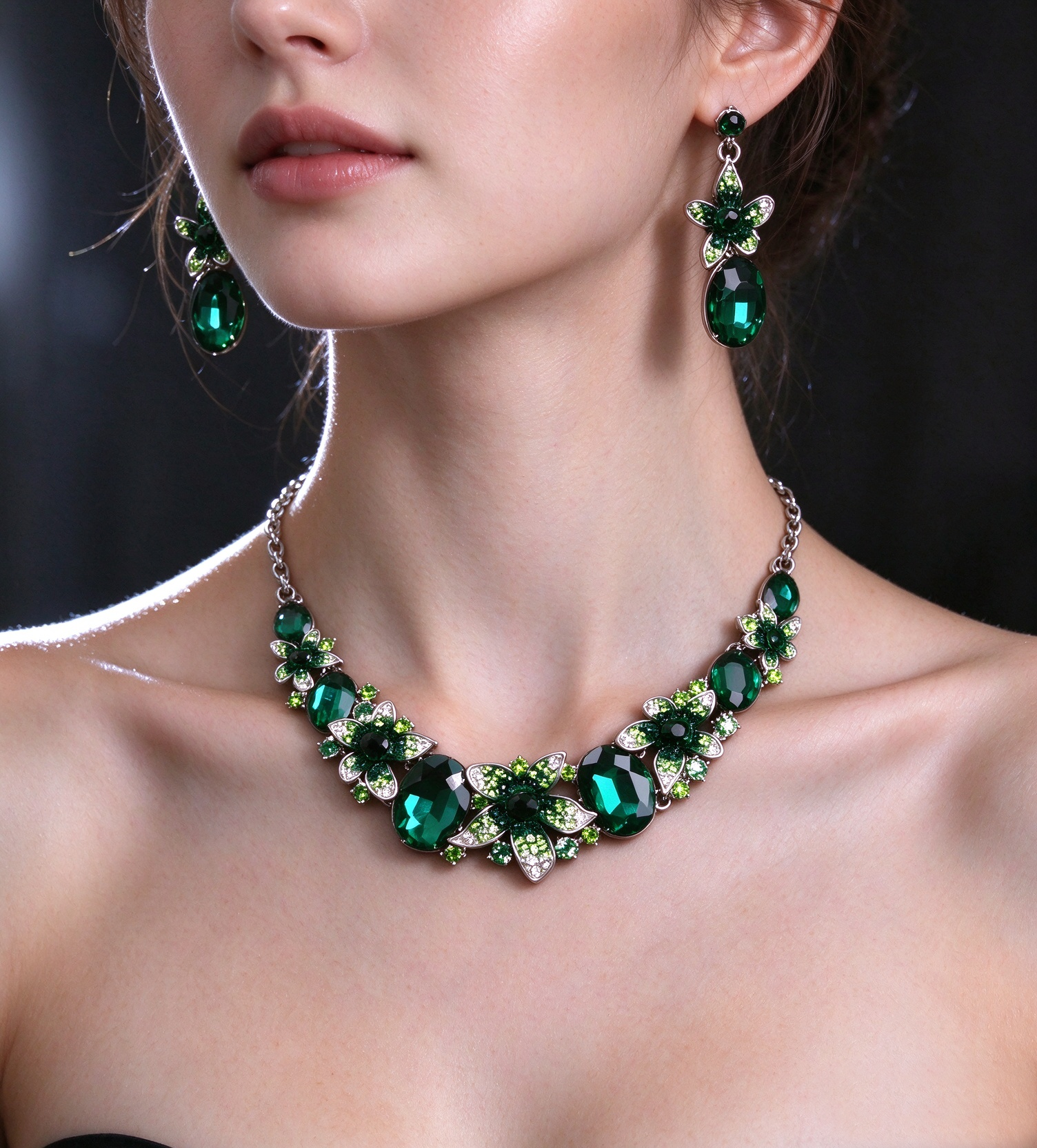 Emerald Green Floral Crystal Statement Jewelry Set - 图片 3