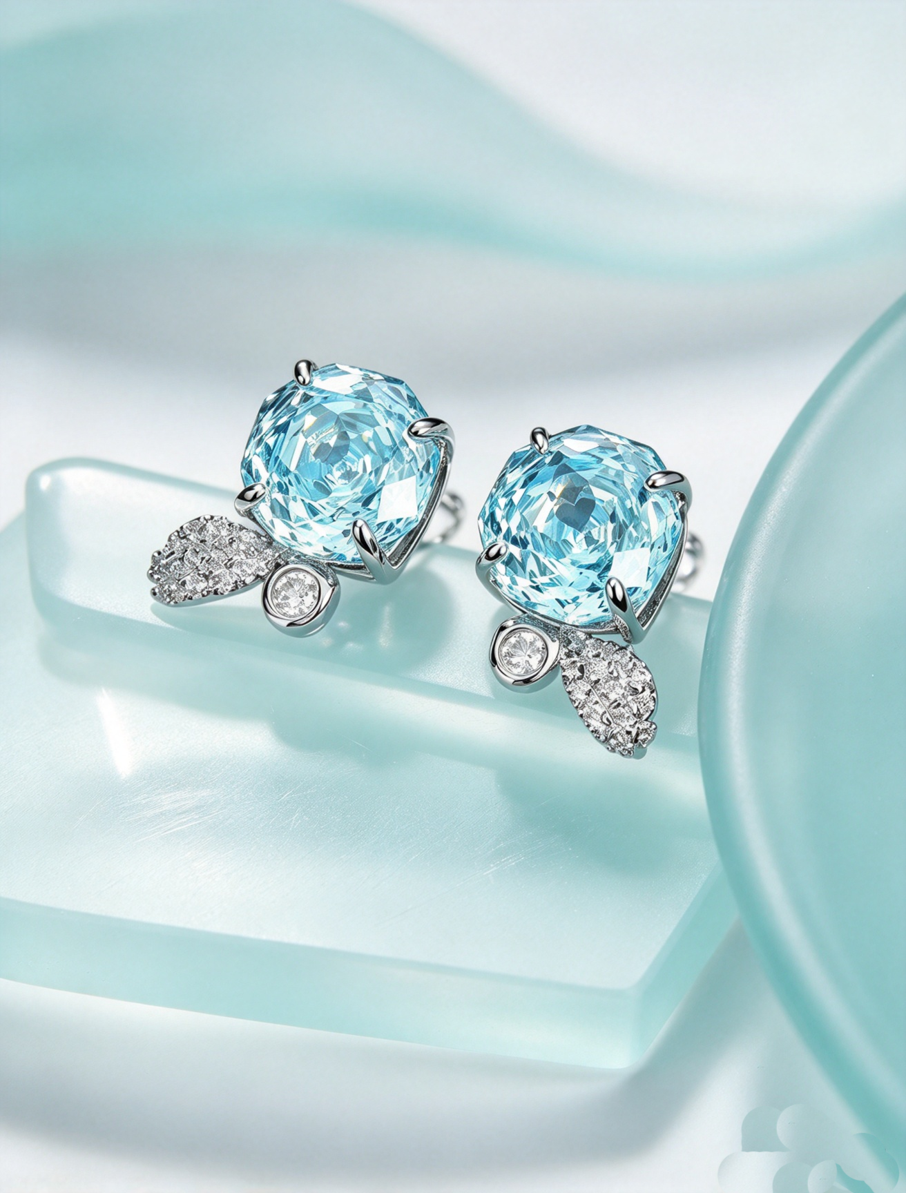 Sky Bloom · Aquamarine‑Tone Crystal Stud Earrings