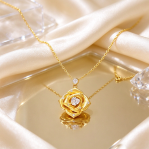 Gilded Rose Heart · Brushed Gold Rose Heart-Cut Zircon Necklace - view 2