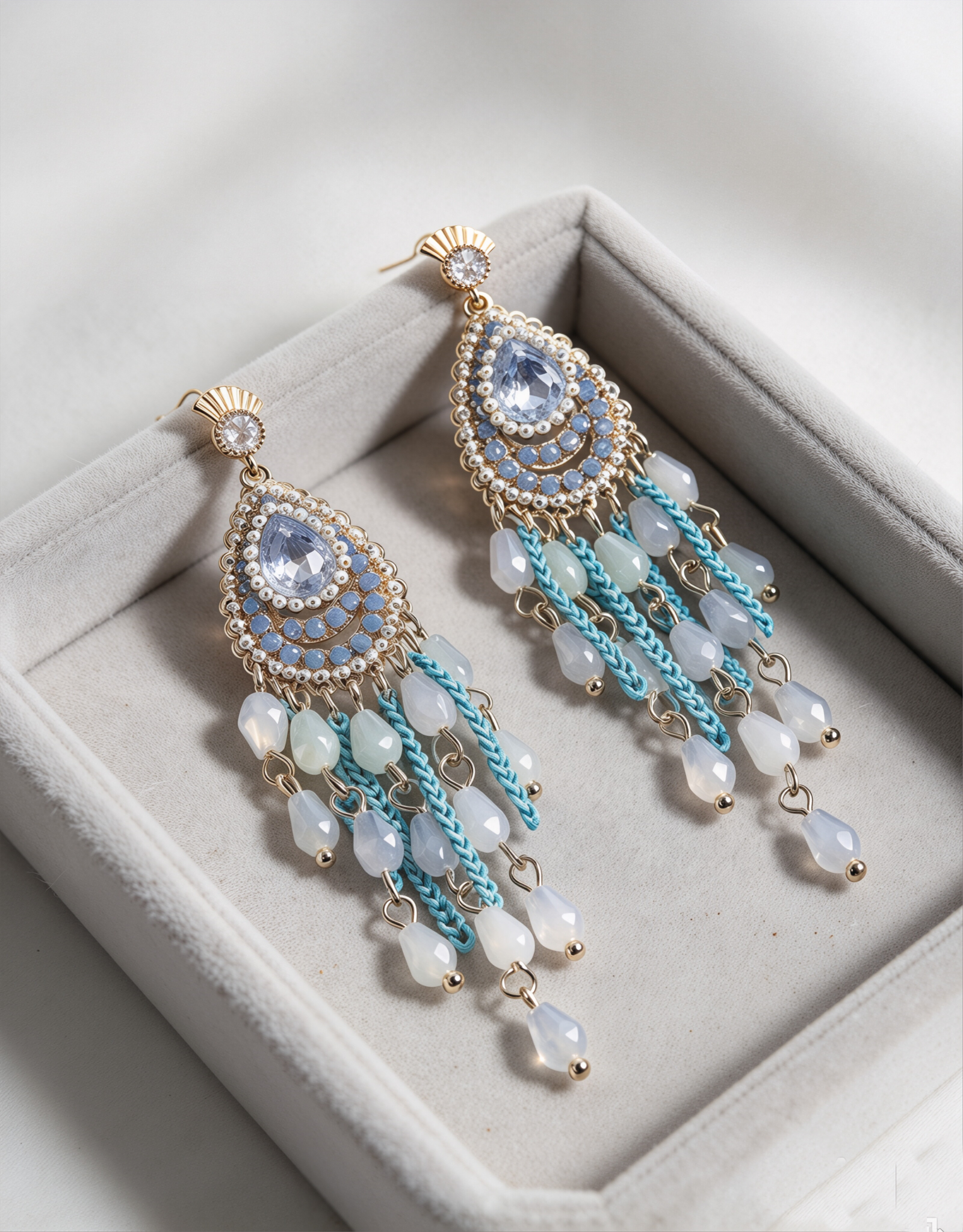 Azure Breeze · Blue Crystal & Opal Beaded Tassel Earrings
