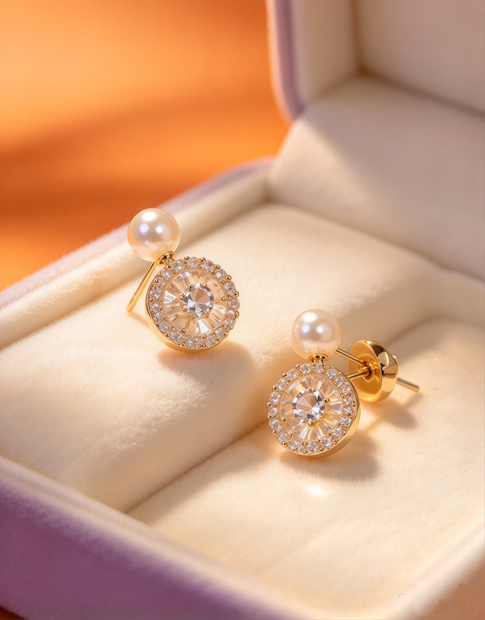 Sunburst Halo · Pearl-Top Pavé Disc Drop Earrings