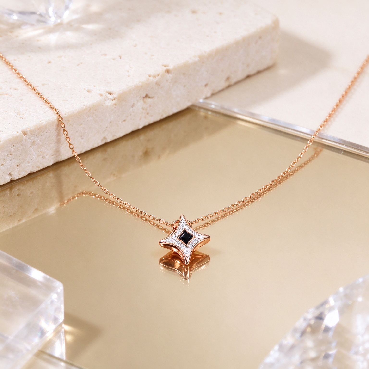 Midnight Starburst · Rose Gold Pavé Star Pendant Necklace