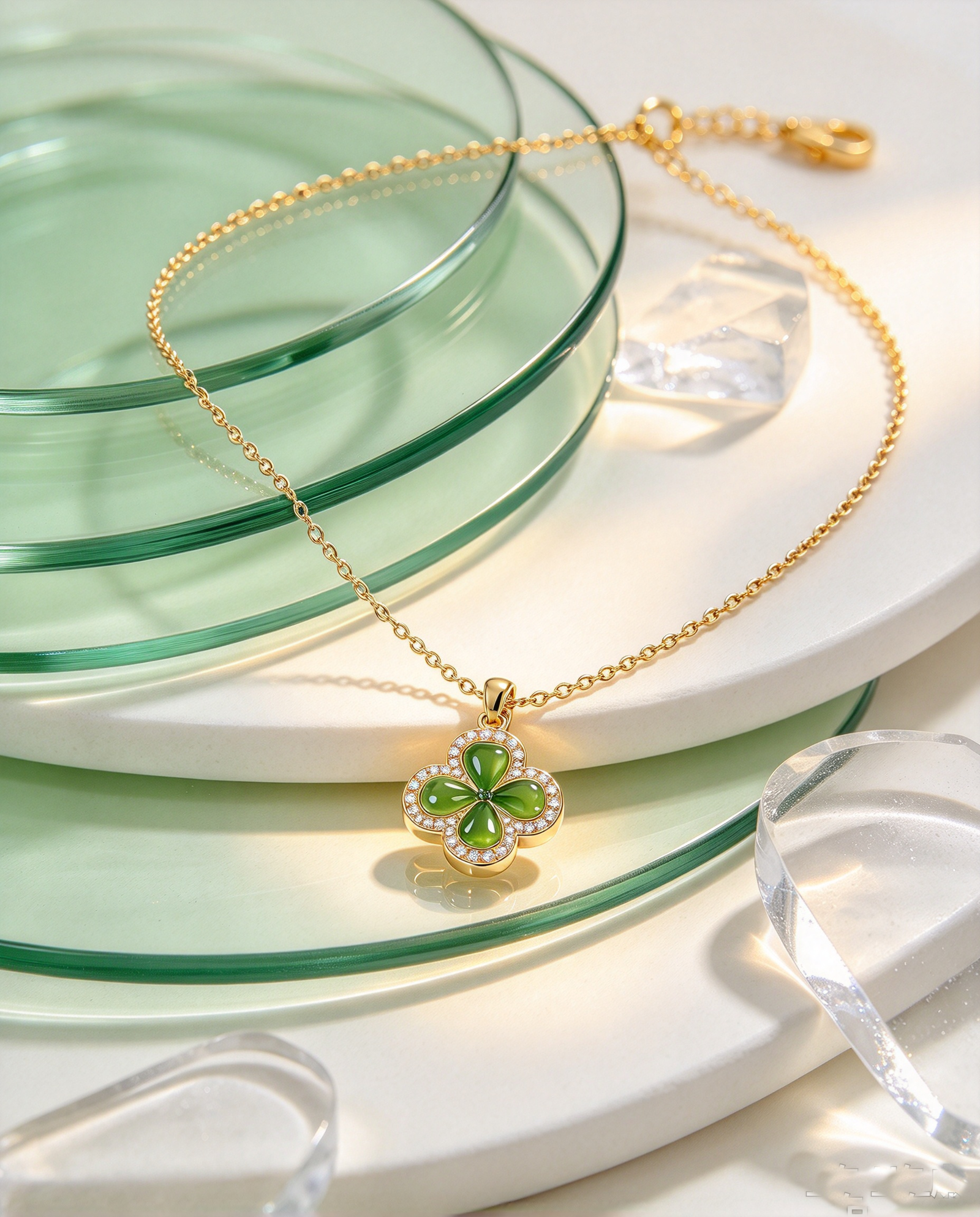 Clover Gleam · Gradient Enamel Four-Leaf Clover Pearl Bracelet