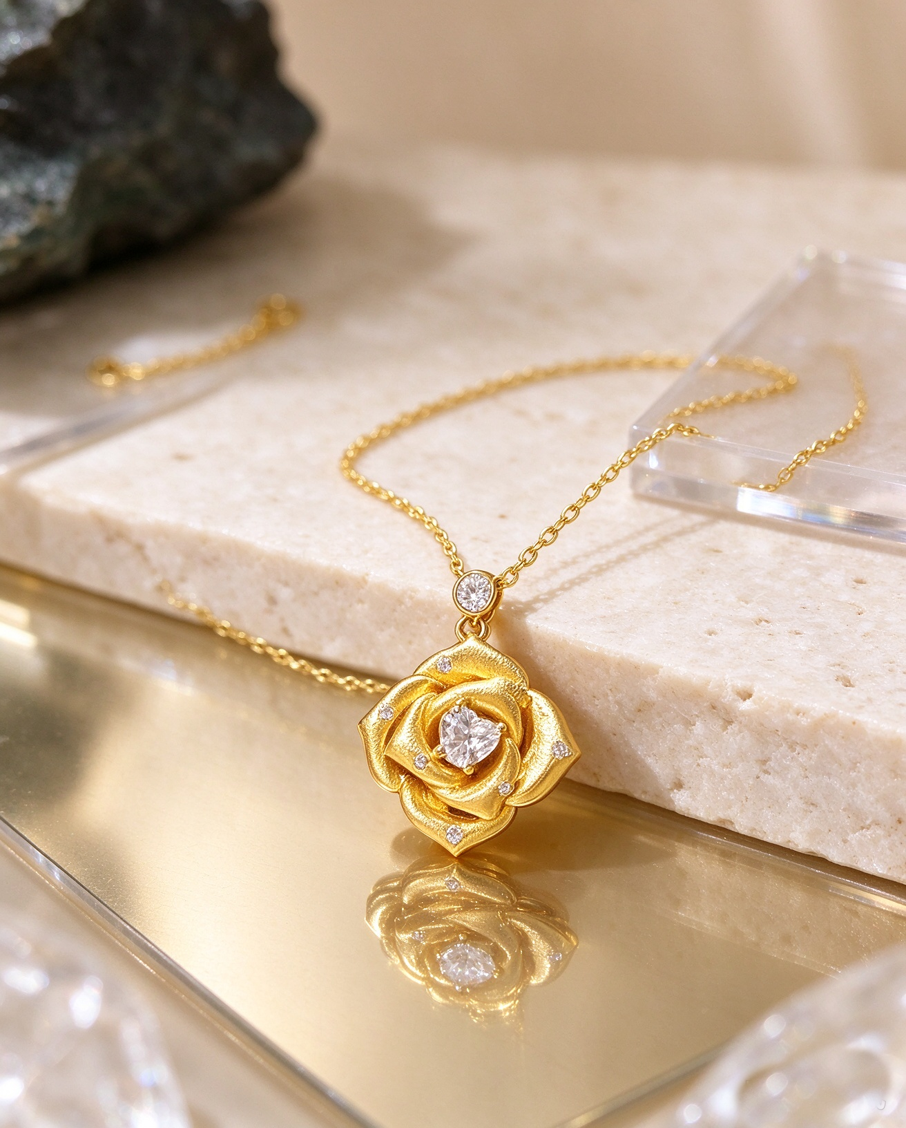 Gilded Rose Heart · Brushed Gold Rose Heart-Cut Zircon Necklace