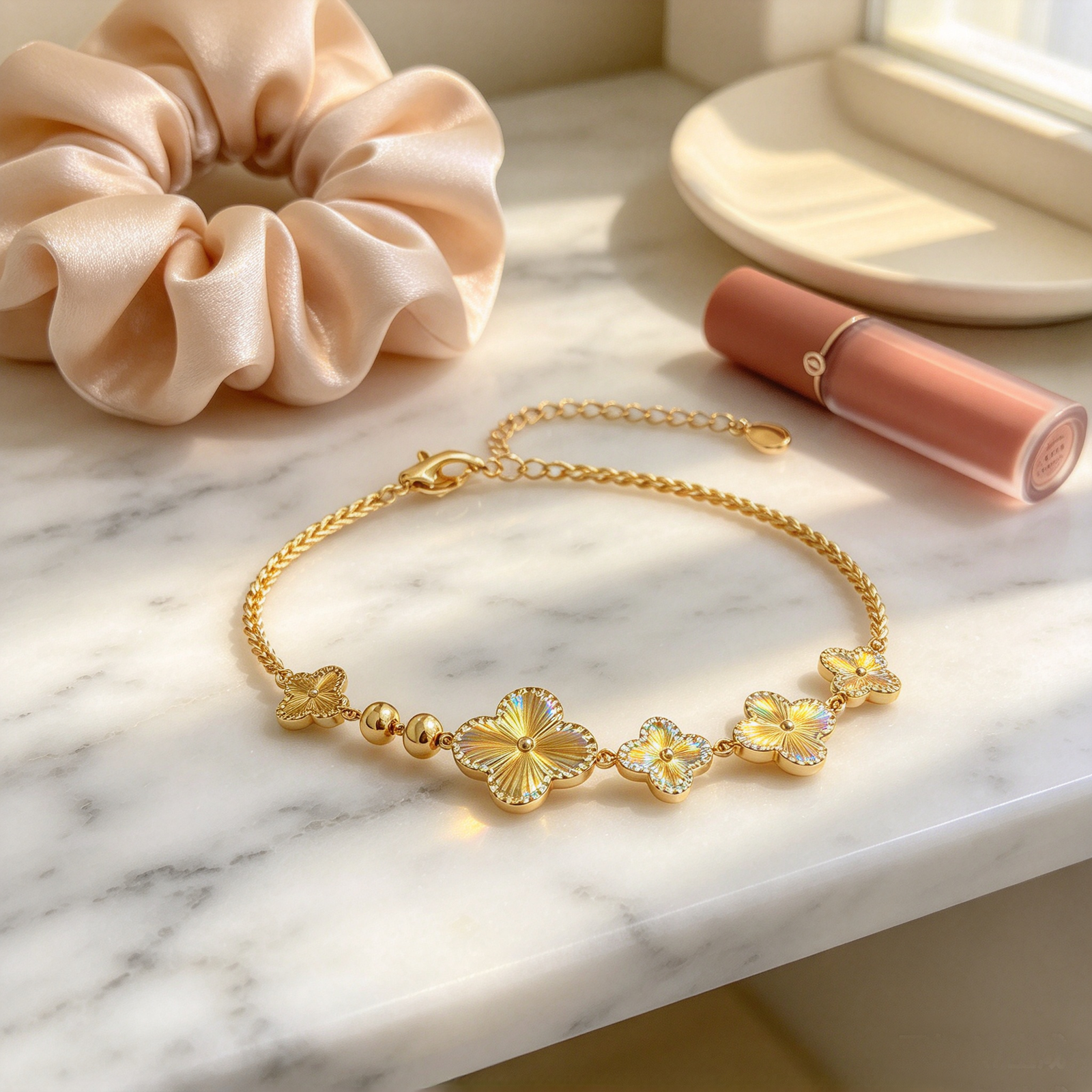 Lucky Clover Gradient · Textured Four-Leaf Clover Gold Bracelet